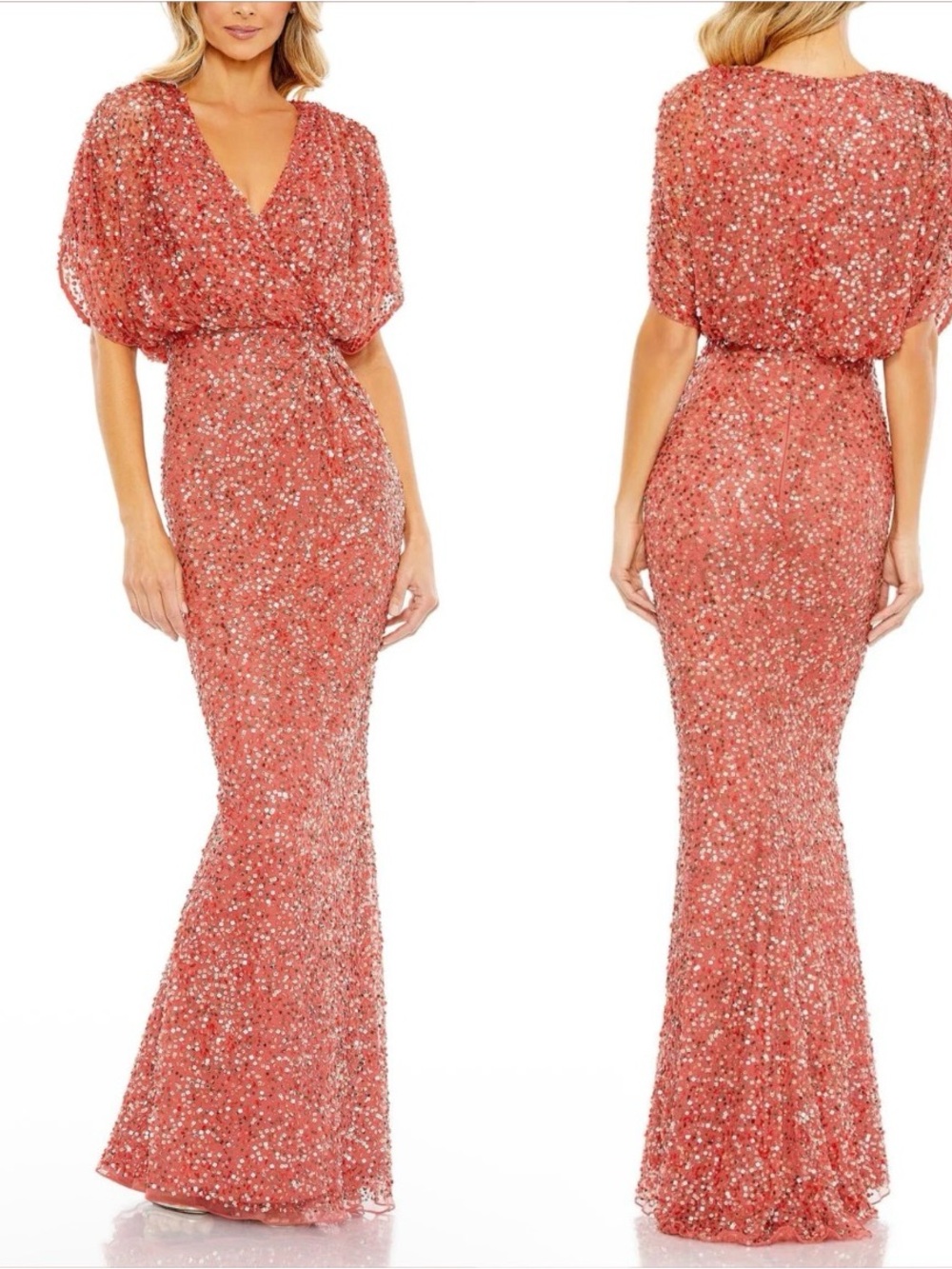 Mac Duggal Draped Sleeve V Neck Gown Paprika Orange Red Sz 10